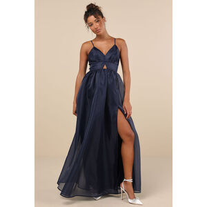 Lulus Authentic Glamour Navy Organza Sleeveless Cutout Maxi Dress Blue - Size S